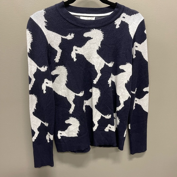 Free Assembly Sweaters - Elegant Navy and White Horse Pattern Sweater